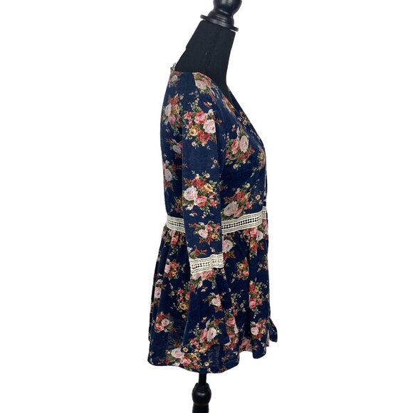 MAUVE Women Floral Open Front Sweater Sz S Blue Long Sleeve Cardigan 10A-8 - Picture 3 of 10